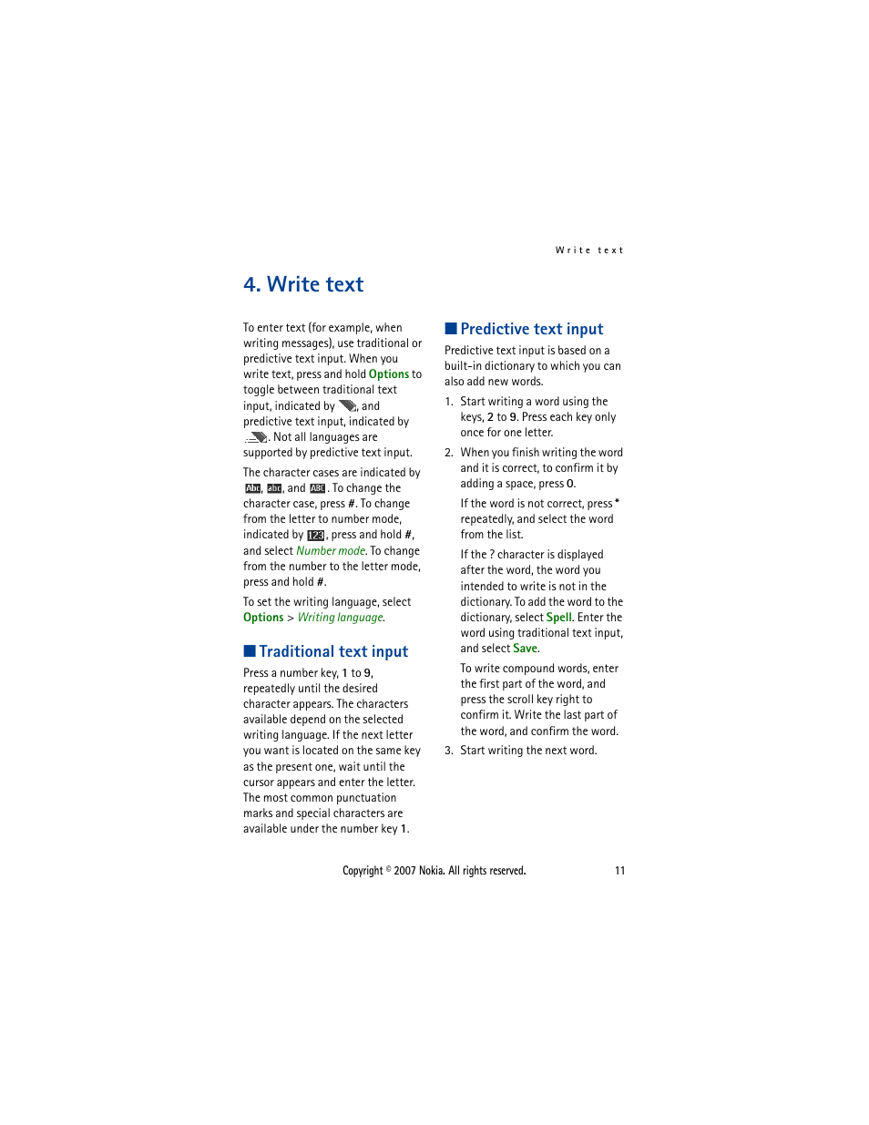 Write text, Traditional text input, Predictive text input | Traditional text input predictive text input | Nokia 5300  EN User Manual | Page 26 / 101