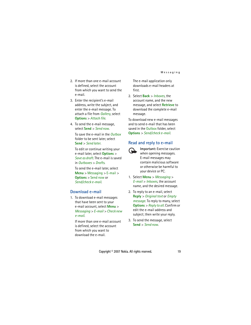 Download e-mail, Read and reply to e-mail, Download e-mail read and reply to e-mail | Nokia 5300  EN User Manual | Page 34 / 101