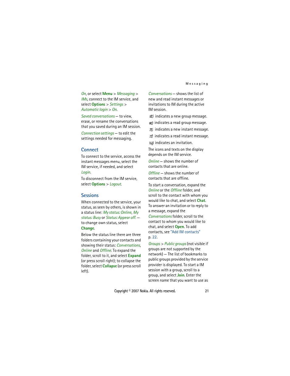 Connect, Sessions, Connect sessions | Nokia 5300  EN User Manual | Page 36 / 101