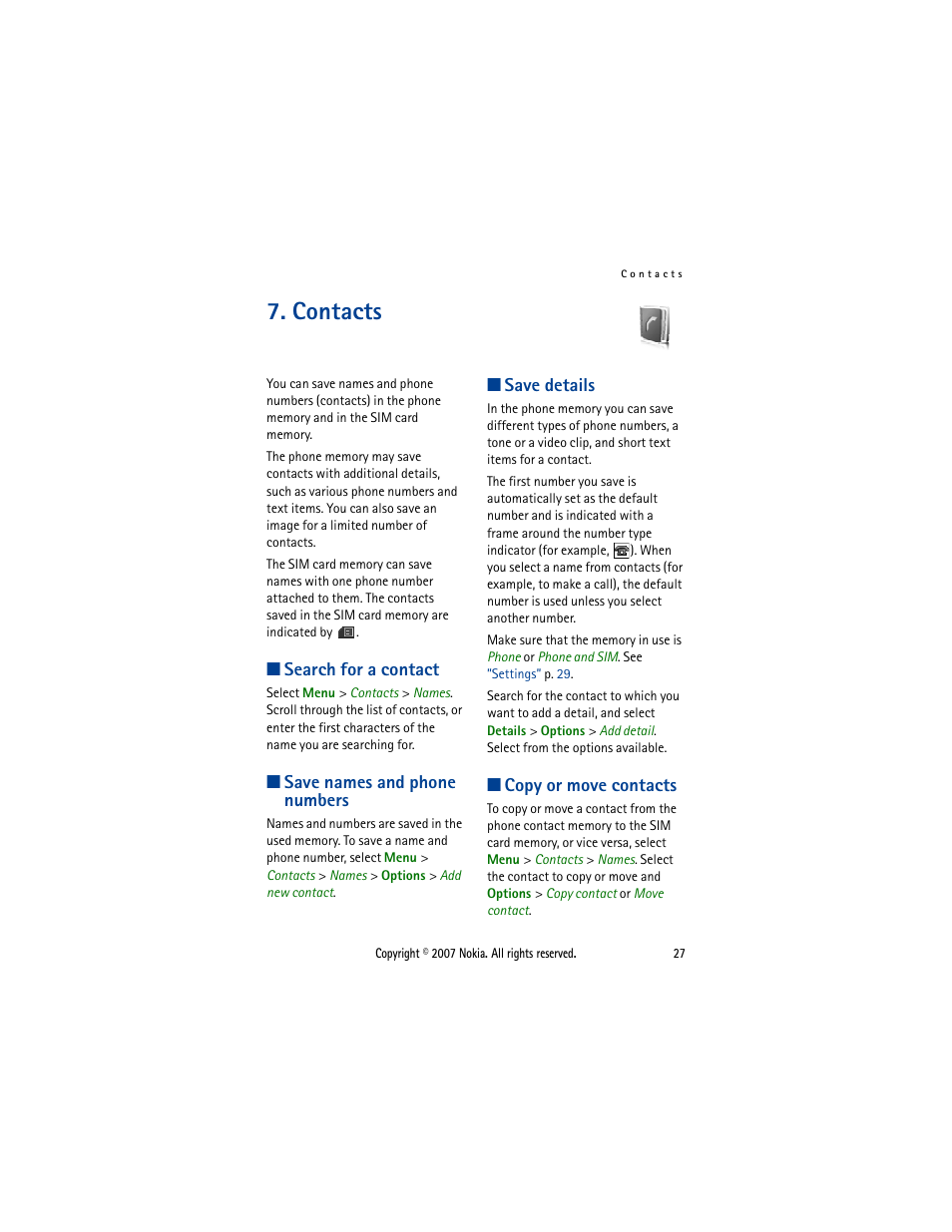 Contacts, Search for a contact, Save names and phone numbers | Save details, Copy or move contacts | Nokia 5300  EN User Manual | Page 42 / 101