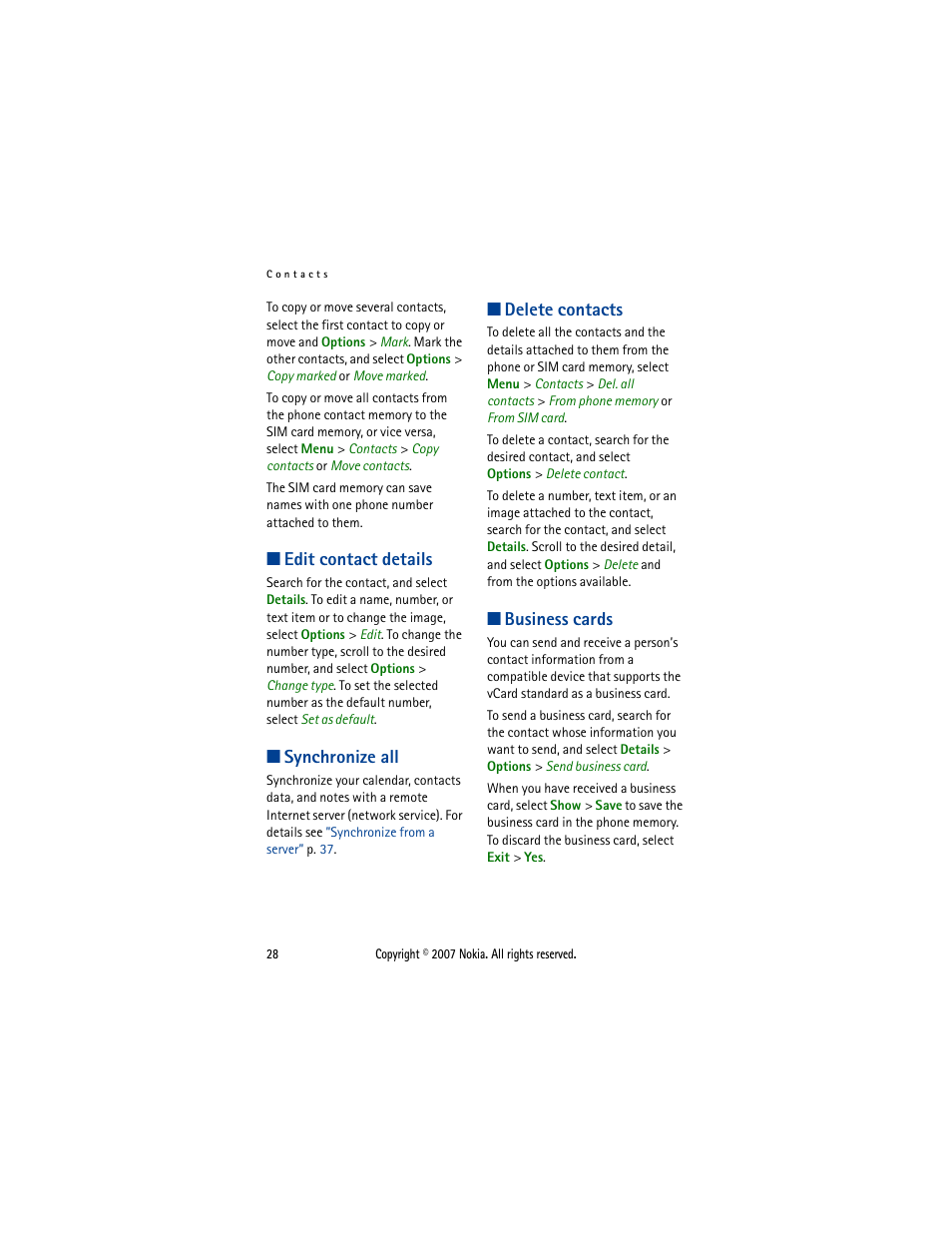 Edit contact details, Synchronize all, Delete contacts | Business cards | Nokia 5300  EN User Manual | Page 43 / 101