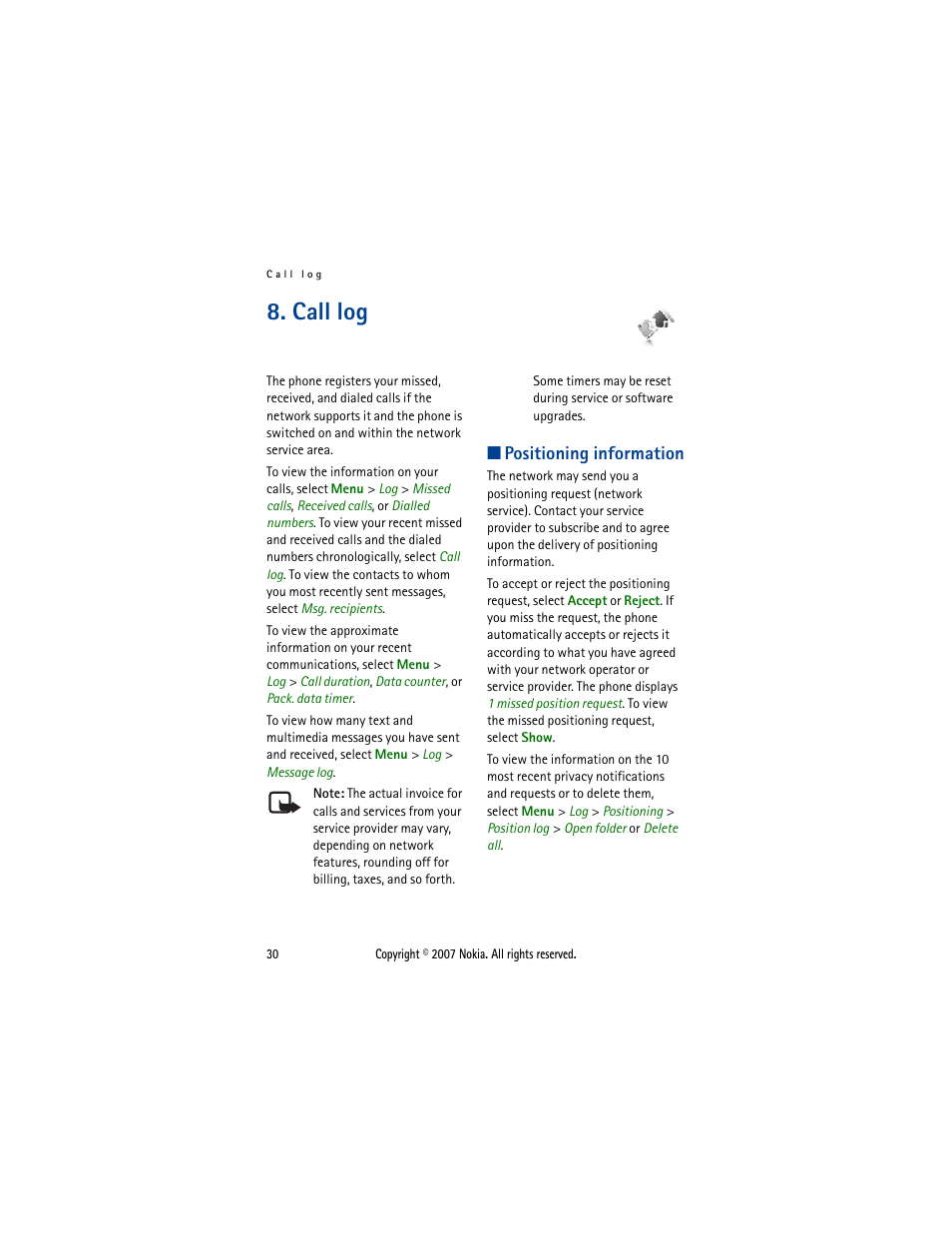 Call log, Positioning information | Nokia 5300  EN User Manual | Page 45 / 101