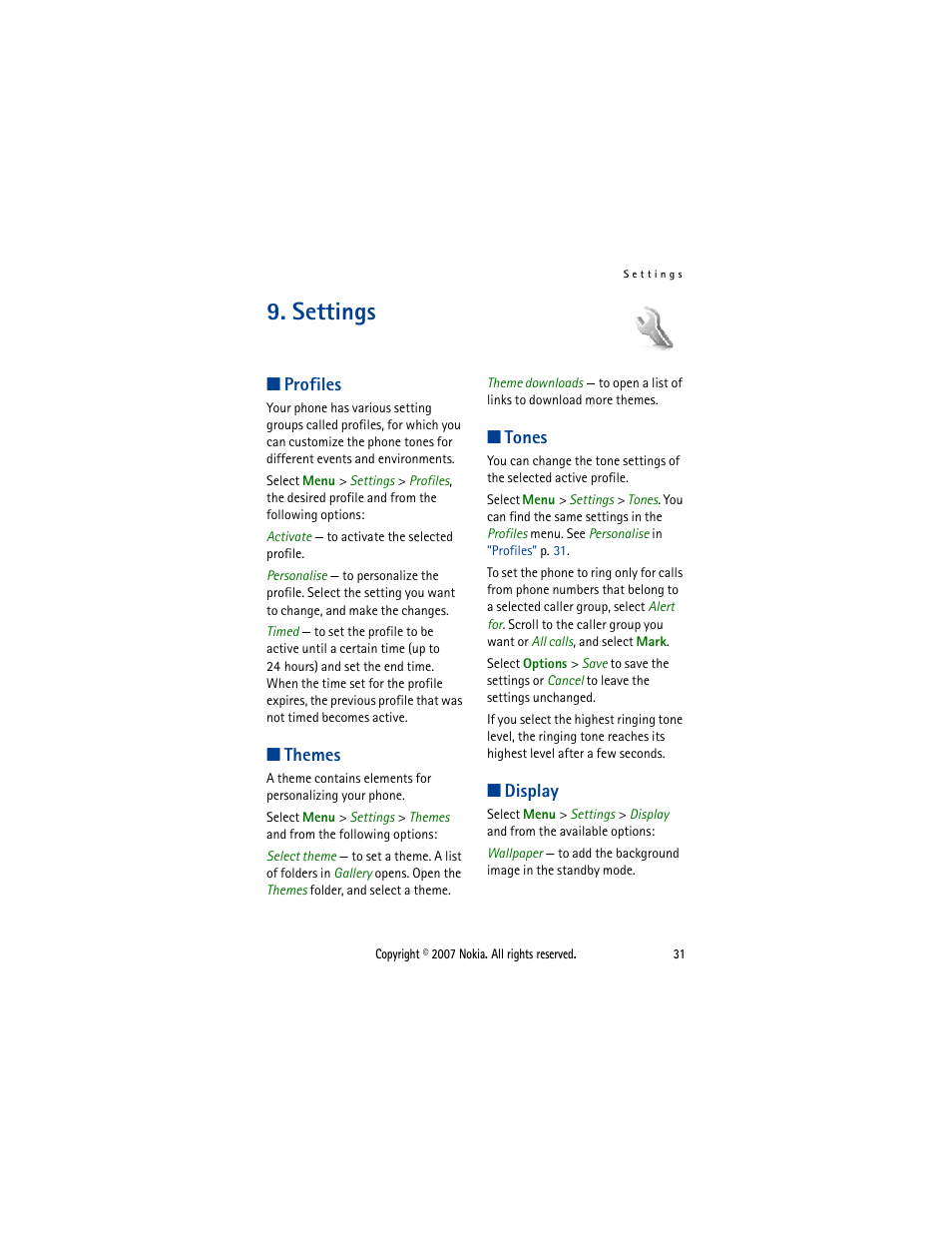Settings, Profiles, Themes | Tones, Display, Profiles themes tones display | Nokia 5300  EN User Manual | Page 46 / 101