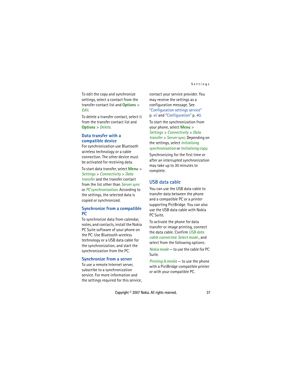 Usb data cable, Synchronize from a, Server | Nokia 5300  EN User Manual | Page 52 / 101