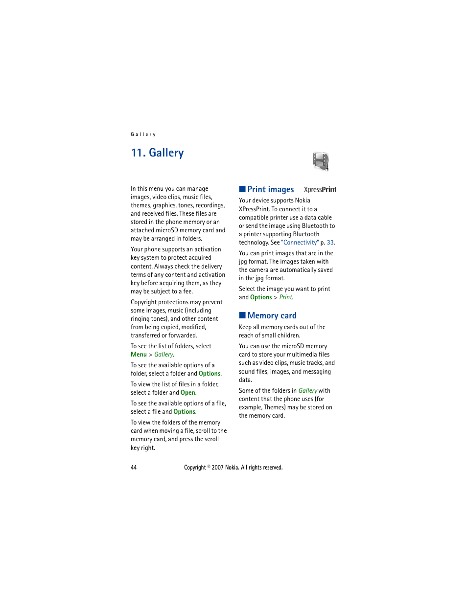 Gallery, Print images, Memory card | Print images memory card | Nokia 5300  EN User Manual | Page 59 / 101