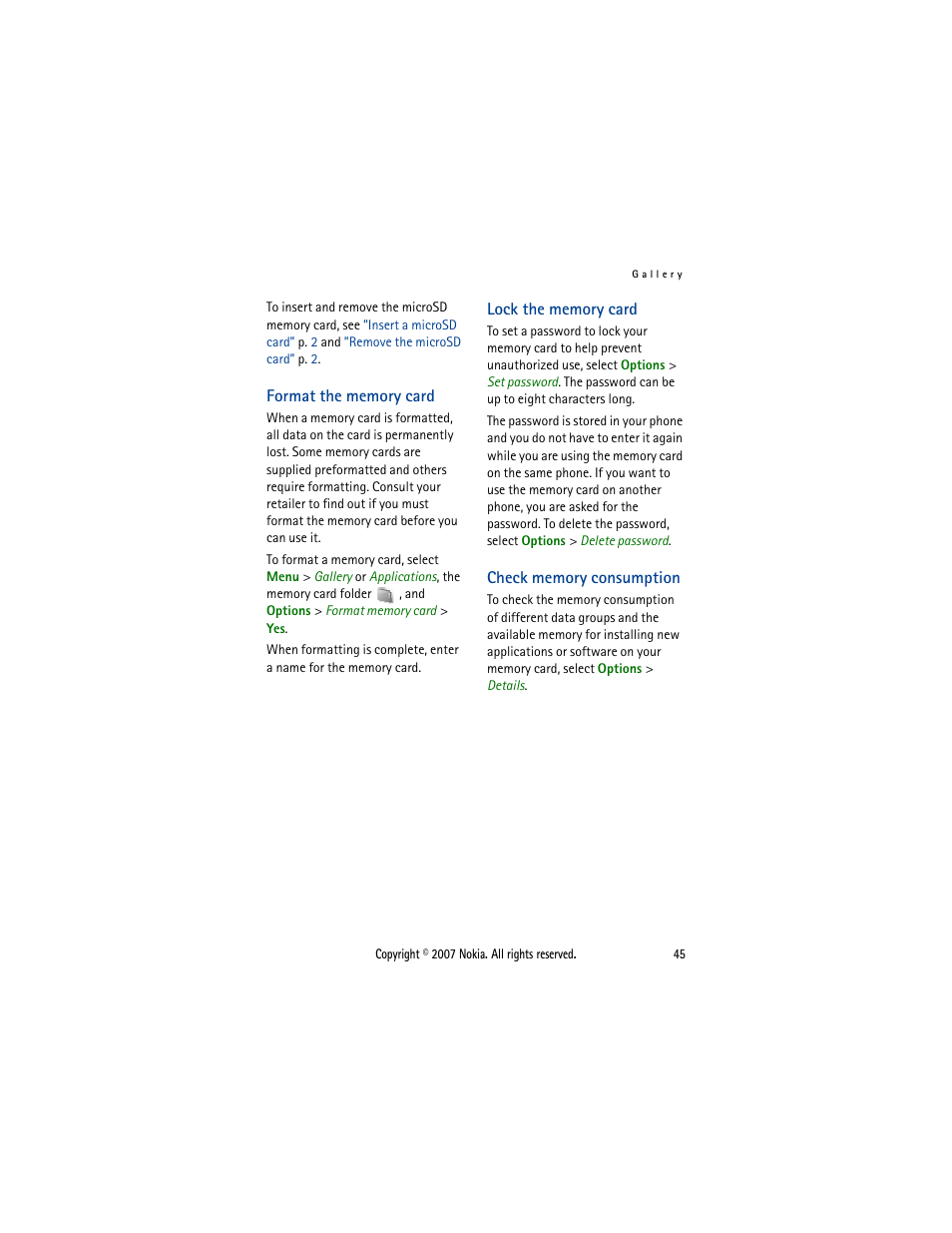 Format the memory card, Lock the memory card, Check memory consumption | Nokia 5300  EN User Manual | Page 60 / 101