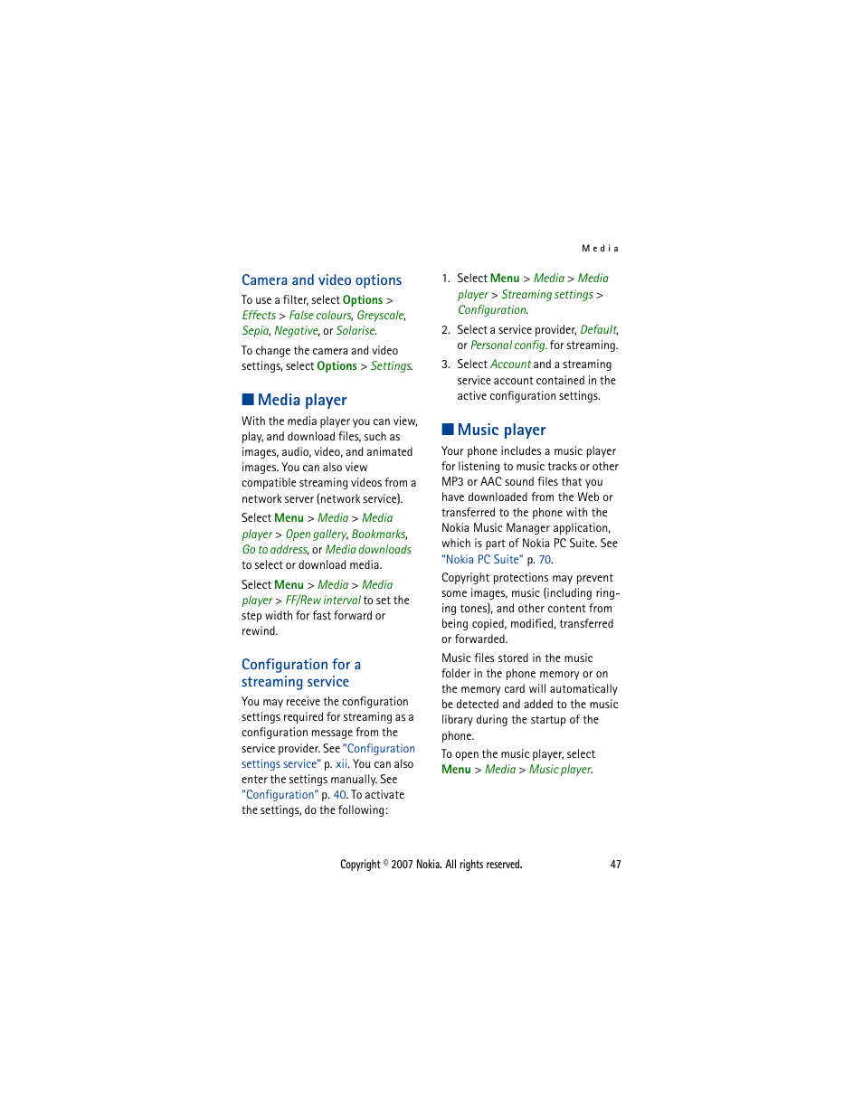 Camera and video options, Media player, Configuration for a streaming service | Music player | Nokia 5300  EN User Manual | Page 62 / 101