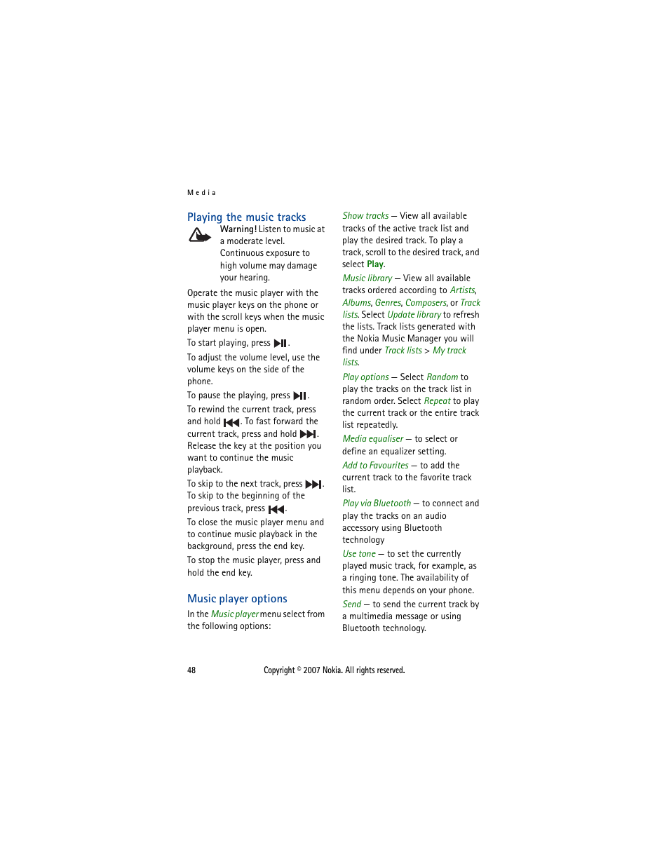 Playing the music tracks, Music player options, Playing the music tracks music player options | Nokia 5300  EN User Manual | Page 63 / 101