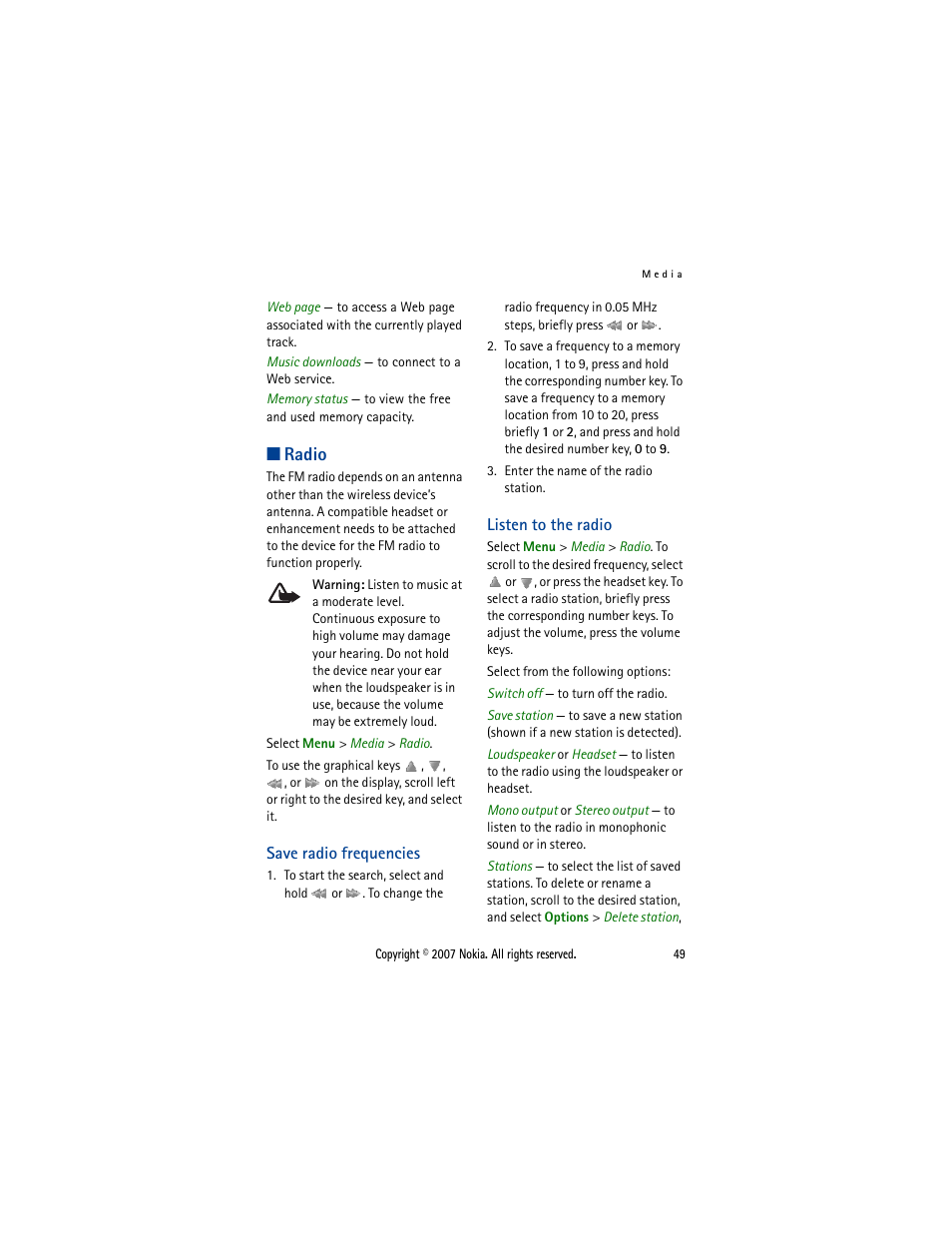 Radio, Save radio frequencies, Listen to the radio | Save radio frequencies listen to the radio | Nokia 5300  EN User Manual | Page 64 / 101