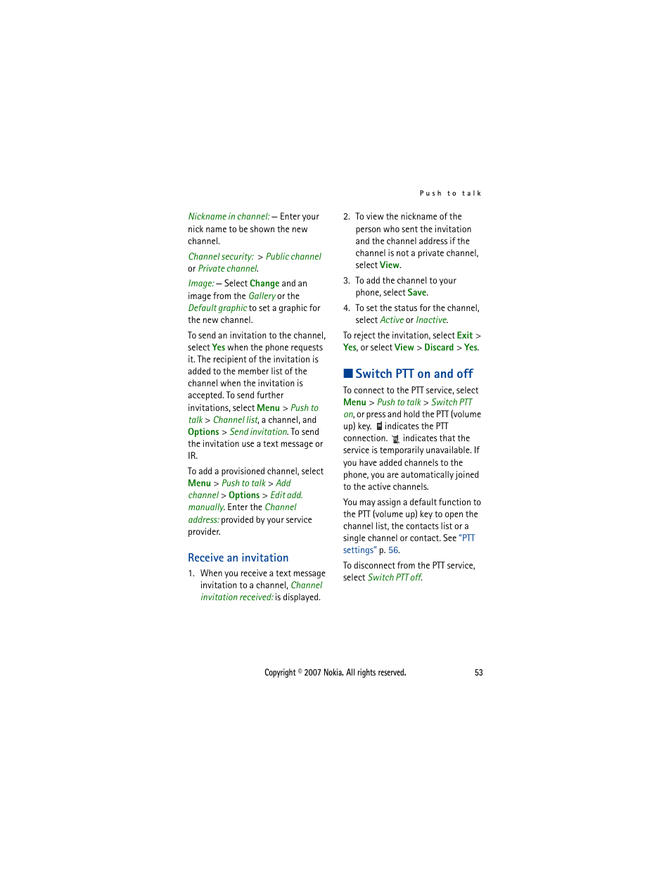 Receive an invitation, Switch ptt on and off | Nokia 5300  EN User Manual | Page 68 / 101