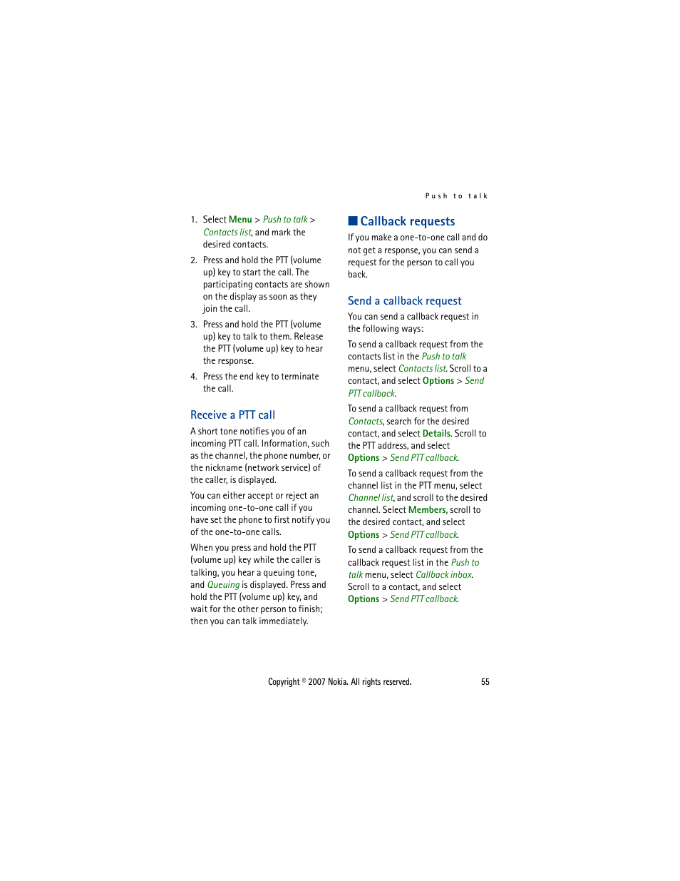 Receive a ptt call, Callback requests, Send a callback request | Nokia 5300  EN User Manual | Page 70 / 101