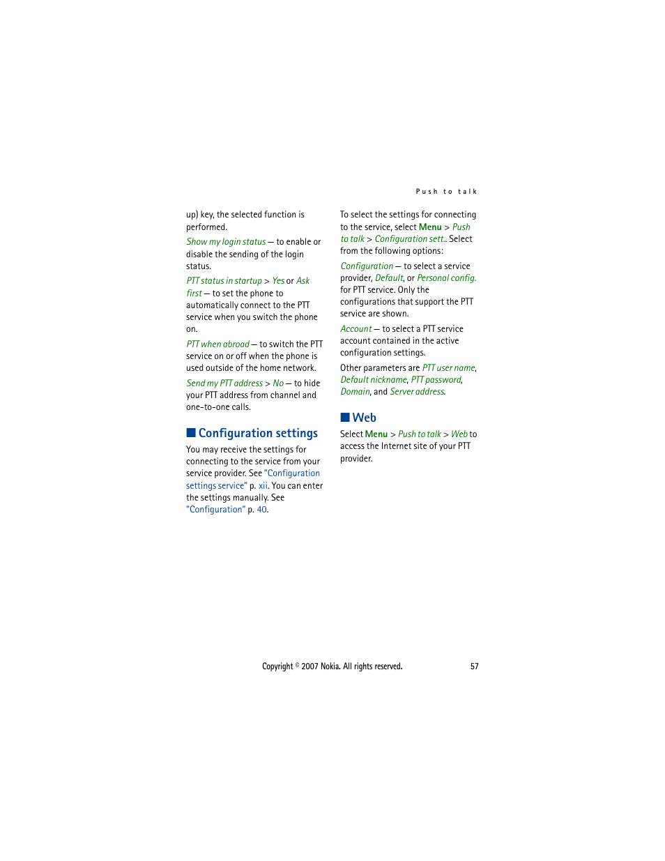 Configuration settings, Configuration settings web | Nokia 5300  EN User Manual | Page 72 / 101