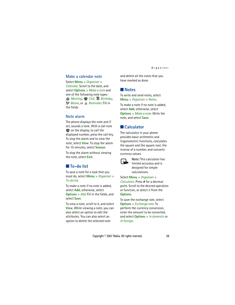 Make a calendar note, Note alarm, To-do list | Notes, Calculator, Make a calendar note note alarm, To-do list notes calculator | Nokia 5300  EN User Manual | Page 74 / 101