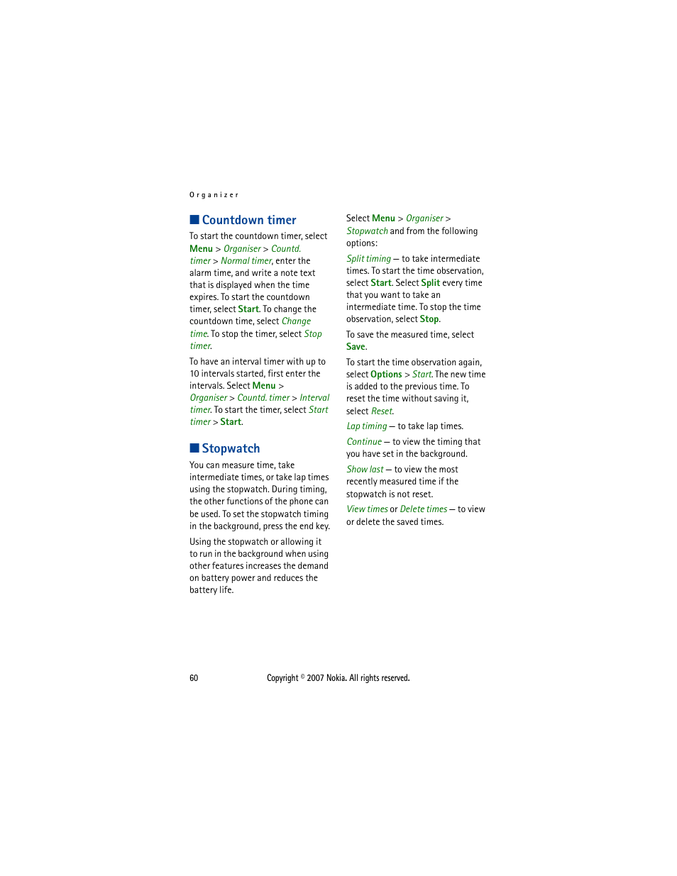 Countdown timer, Stopwatch, Countdown timer stopwatch | Nokia 5300  EN User Manual | Page 75 / 101