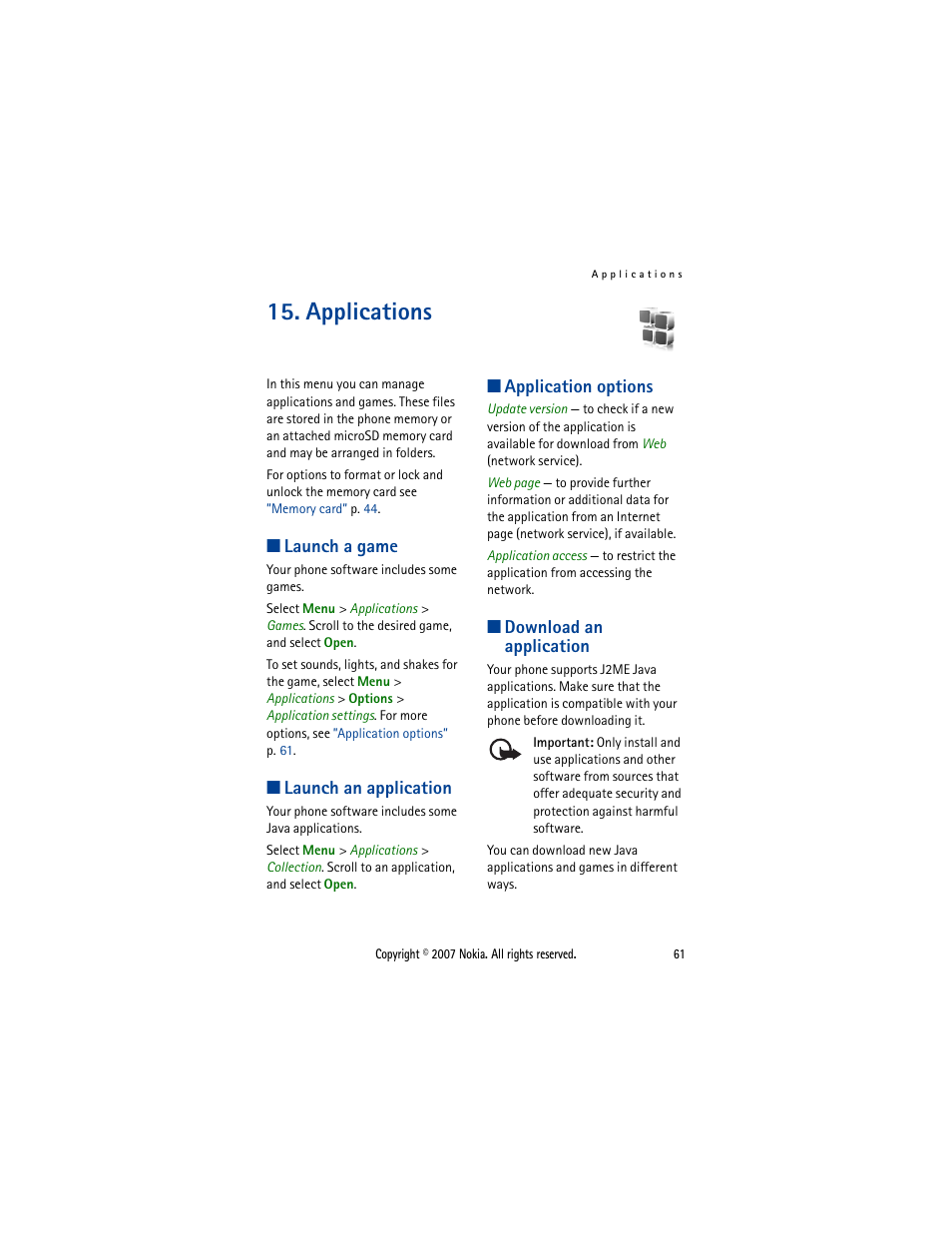 Applications, Launch a game, Launch an application | Application options, Download an application | Nokia 5300  EN User Manual | Page 76 / 101