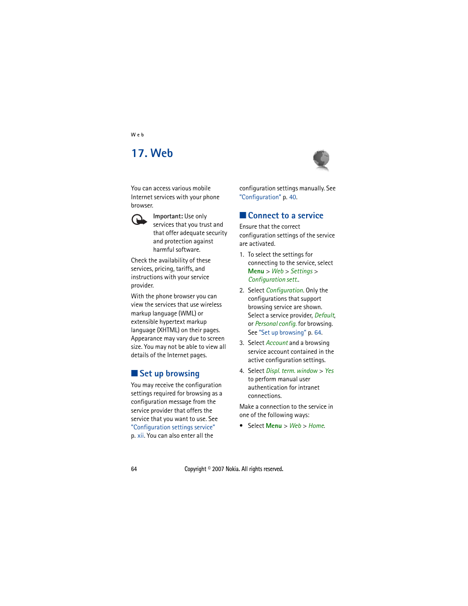 Set up browsing, Connect to a service, Set up browsing connect to a service | Nokia 5300  EN User Manual | Page 79 / 101