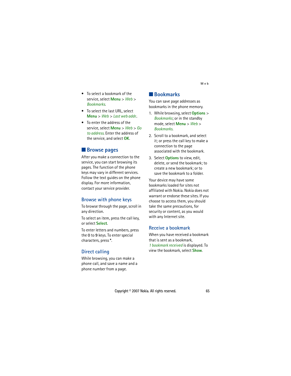 Browse with phone keys, Direct calling, Bookmarks | Receive a bookmark, Browse with phone keys direct calling, Browse pages | Nokia 5300  EN User Manual | Page 80 / 101