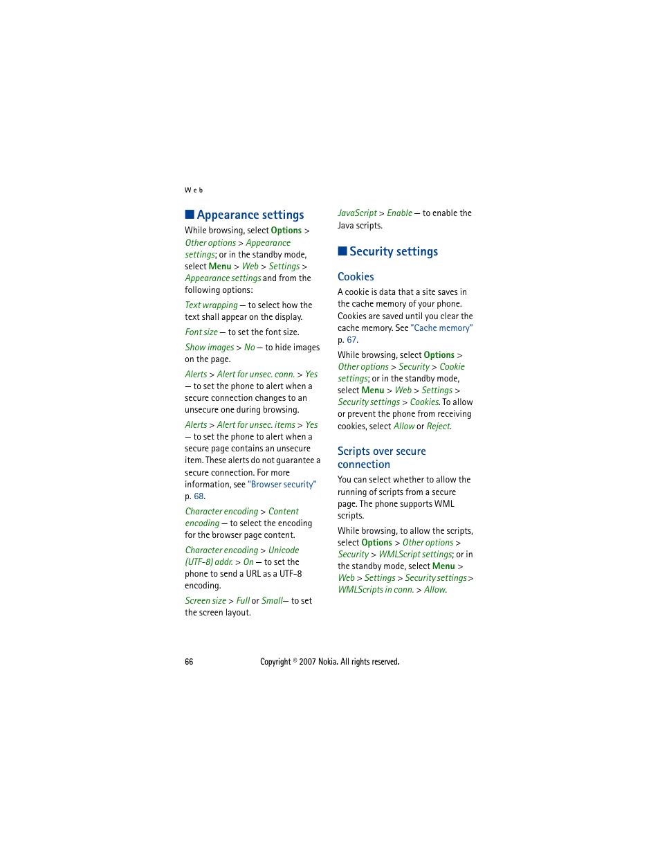 Appearance settings, Security settings, Cookies | Scripts over secure connection, Appearance settings security settings, Cookies scripts over secure connection | Nokia 5300  EN User Manual | Page 81 / 101