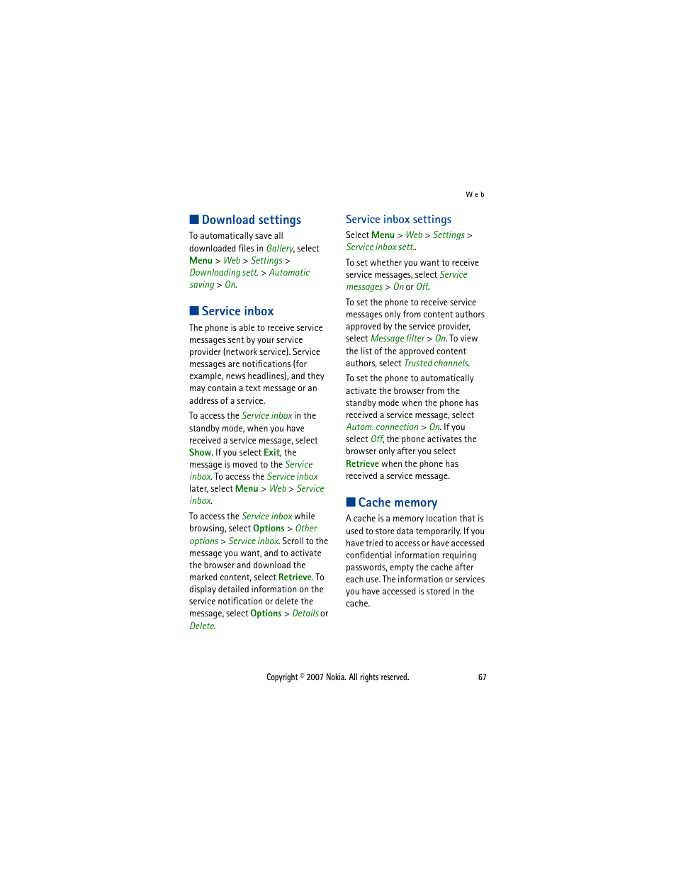 Download settings, Service inbox, Service inbox settings | Cache memory | Nokia 5300  EN User Manual | Page 82 / 101