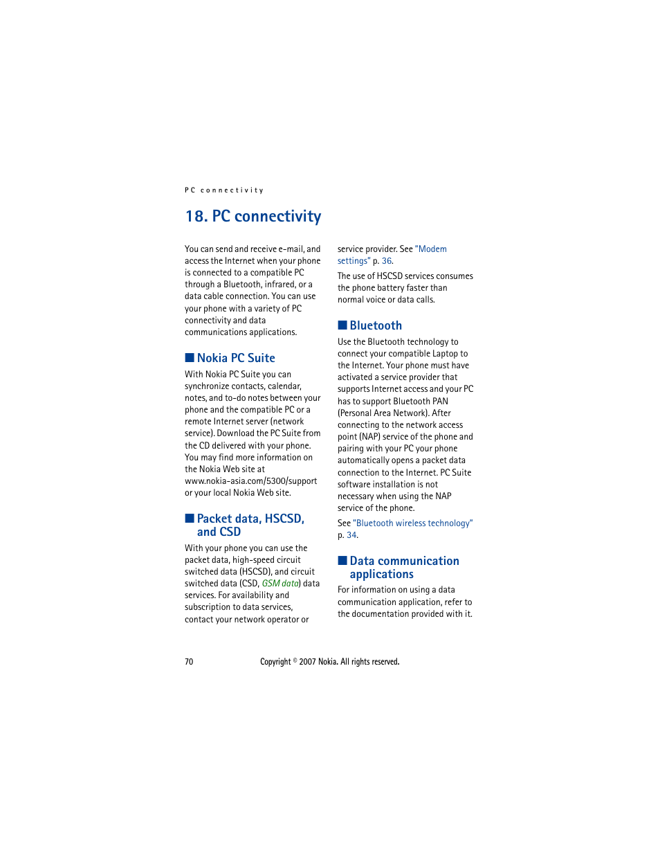 Pc connectivity, Nokia pc suite, Packet data, hscsd, and csd | Bluetooth, Data communication applications, Nokia pc, Suite, If you have set the | Nokia 5300  EN User Manual | Page 85 / 101