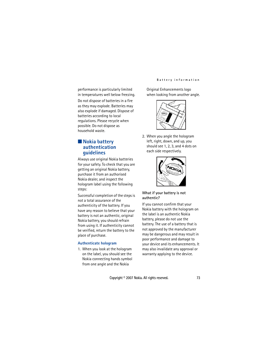 Nokia battery authentication guidelines, Nokia battery, Authentication guidelines | Nokia 5300  EN User Manual | Page 88 / 101