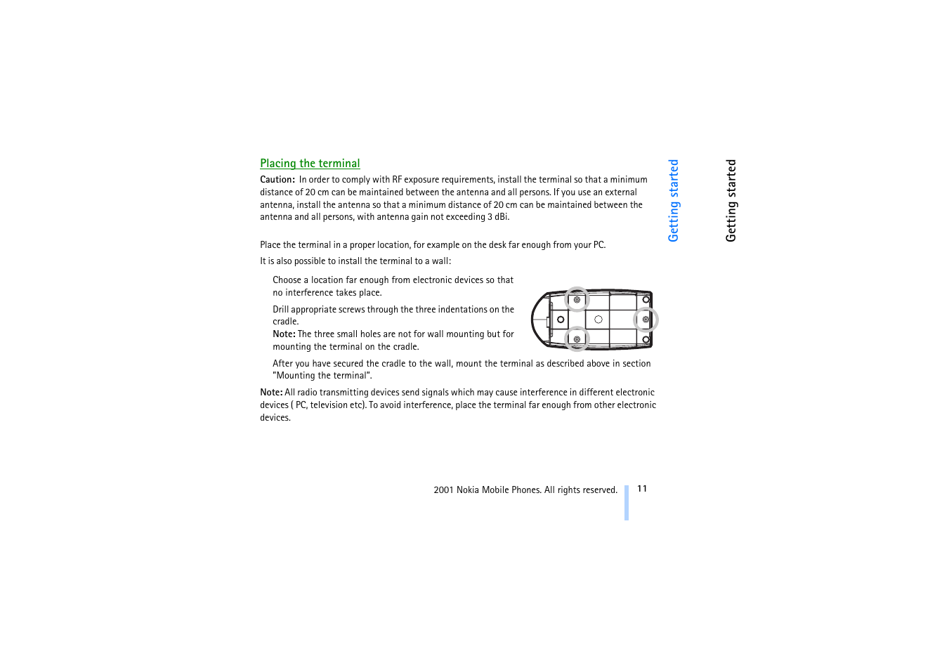 Placing the terminal | Nokia 20 User Manual | Page 11 / 25