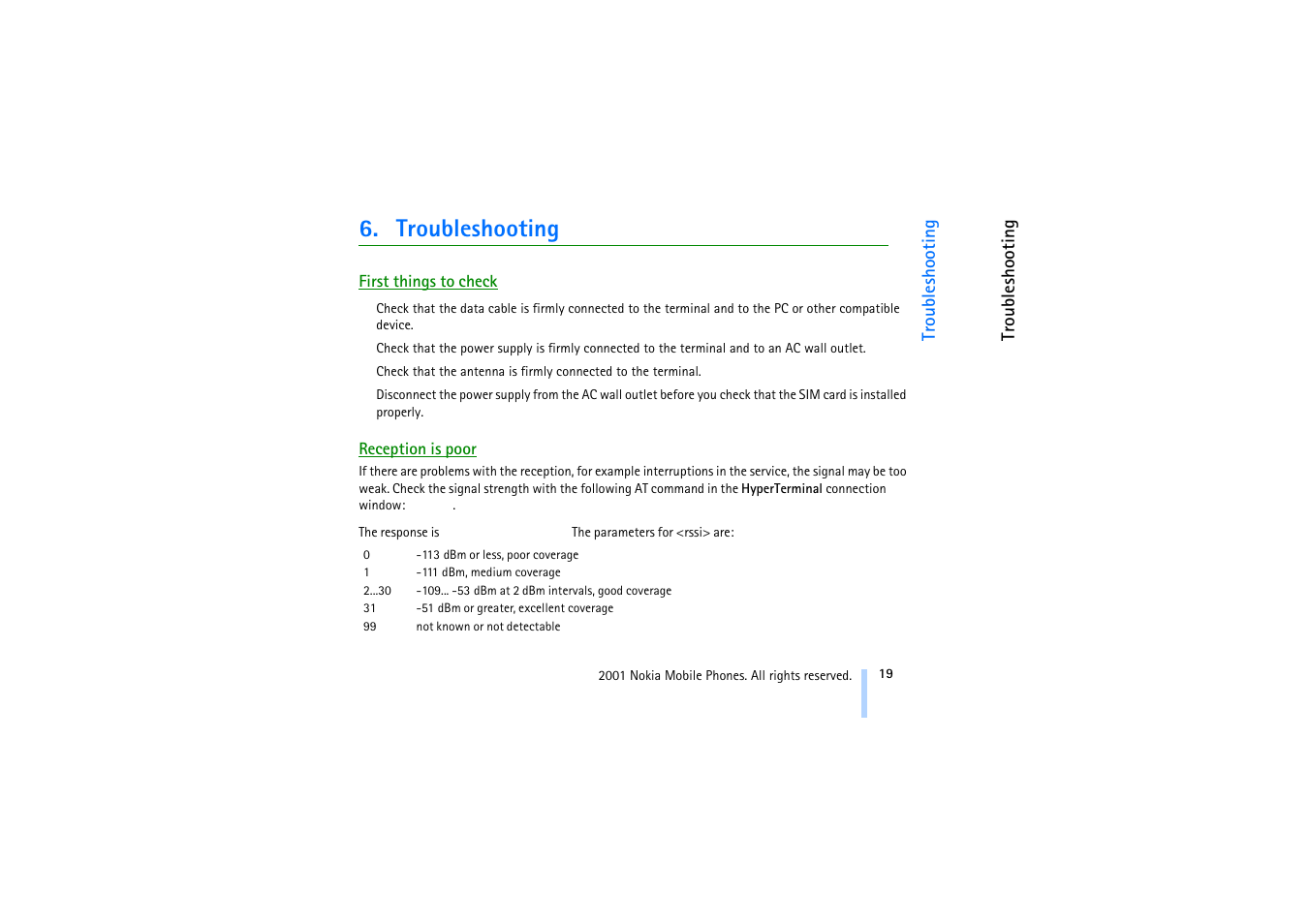 Troubleshooting, First things to check, Reception is poor | Refer to section ”troubleshooting | Nokia 20 User Manual | Page 19 / 25