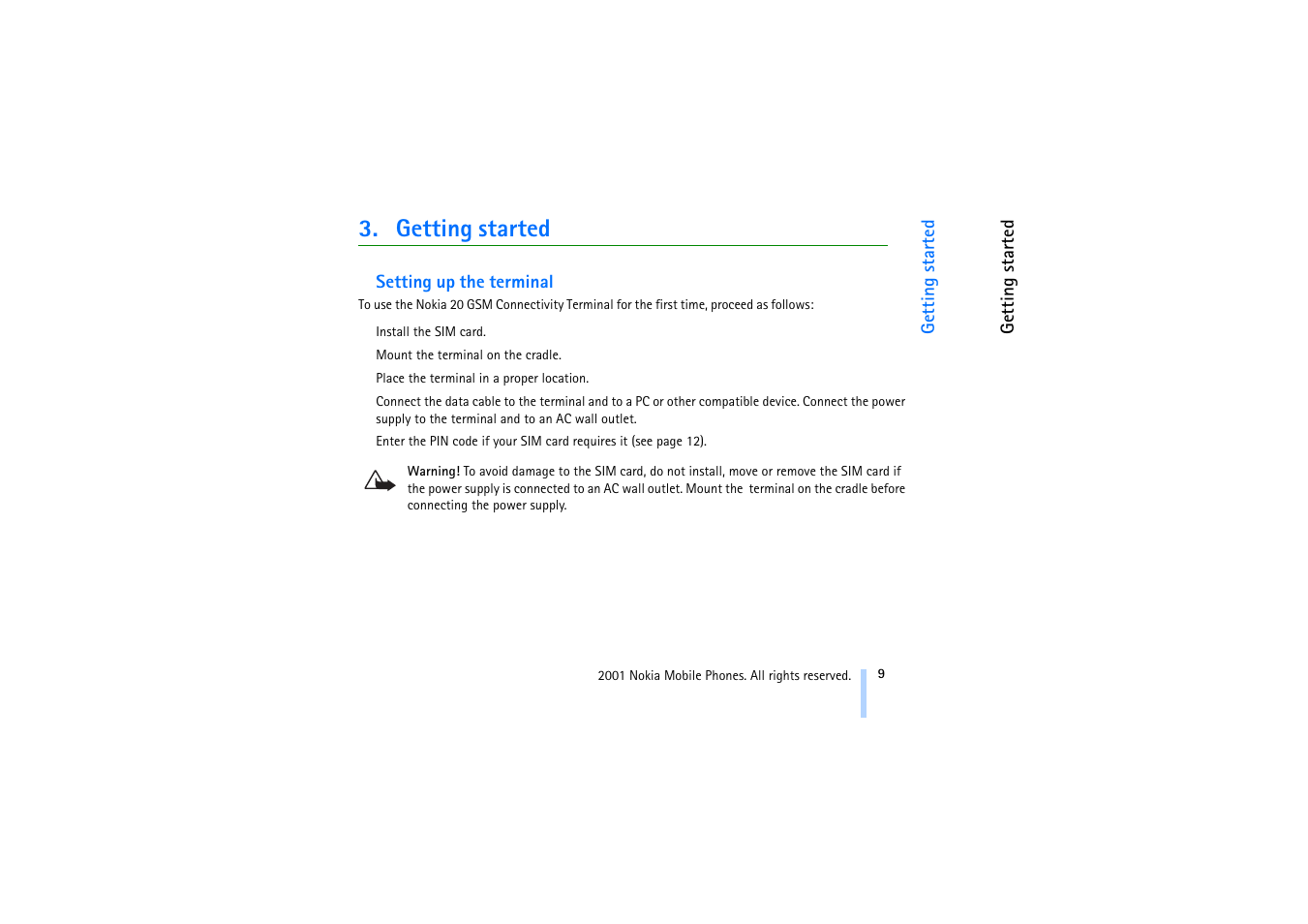 Getting started, Setting up the terminal, Getting started setting up the terminal | Nokia 20 User Manual | Page 9 / 25