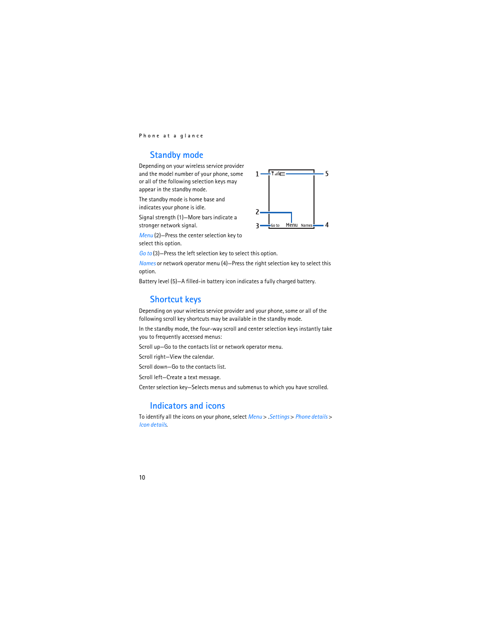 Standby mode, Shortcut keys, Indicators and icons | Nokia 2865i User Manual | Page 10 / 114
