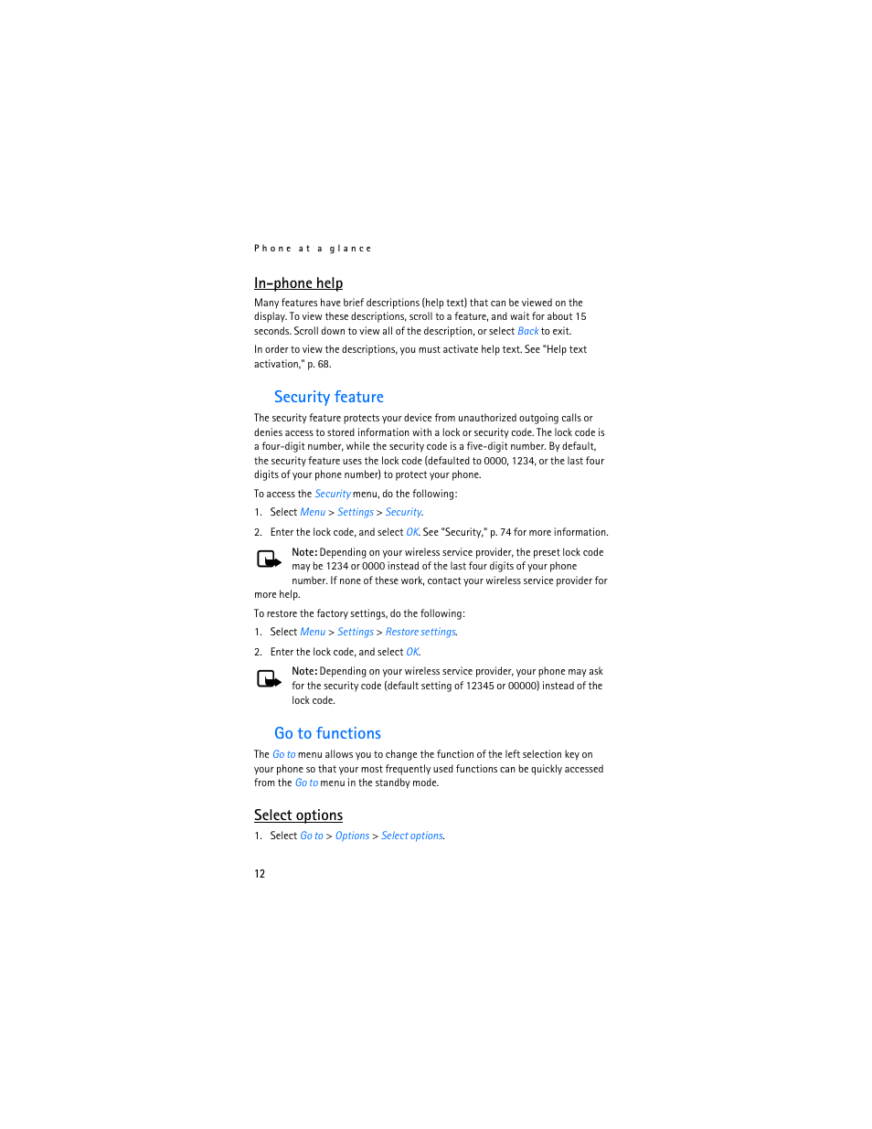 Security feature, Go to functions, In-phone help | Select options | Nokia 2865i User Manual | Page 12 / 114