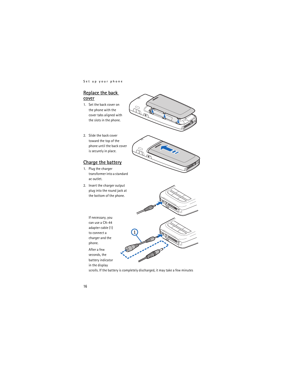 Replace the back cover, Charge the battery | Nokia 2865i User Manual | Page 16 / 114