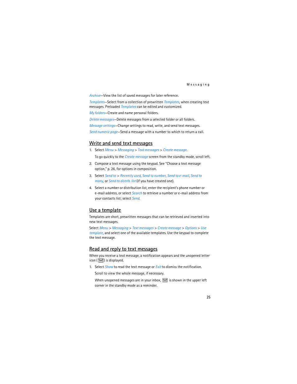 Write and send text messages, Use a template, Read and reply to text messages | Nokia 2865i User Manual | Page 25 / 114