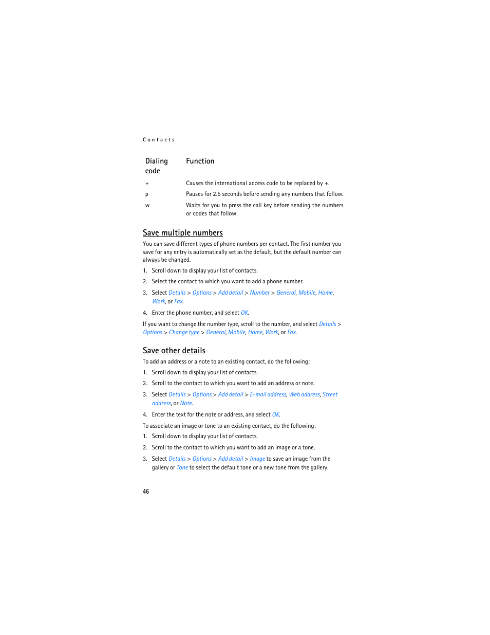 Save multiple numbers, Save other details | Nokia 2865i User Manual | Page 46 / 114