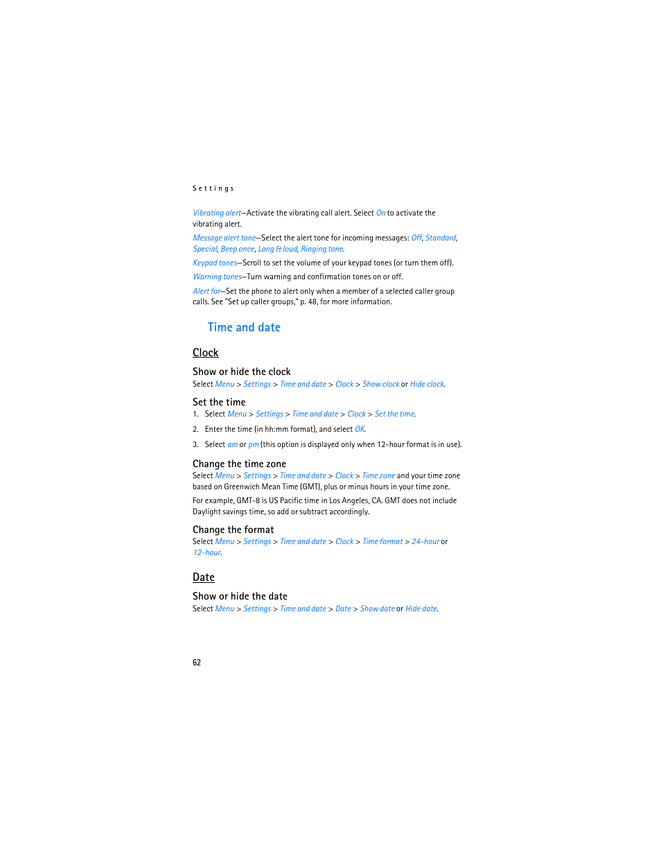 Time and date, Clock, Date | Nokia 2865i User Manual | Page 62 / 114