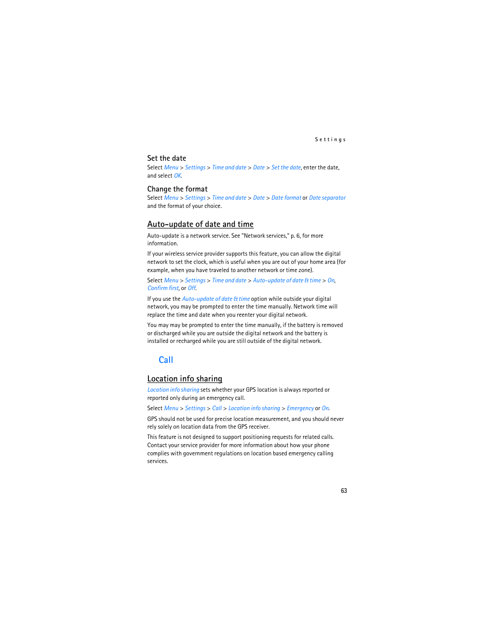 Call, Auto-update of date and time, Location info sharing | Nokia 2865i User Manual | Page 63 / 114