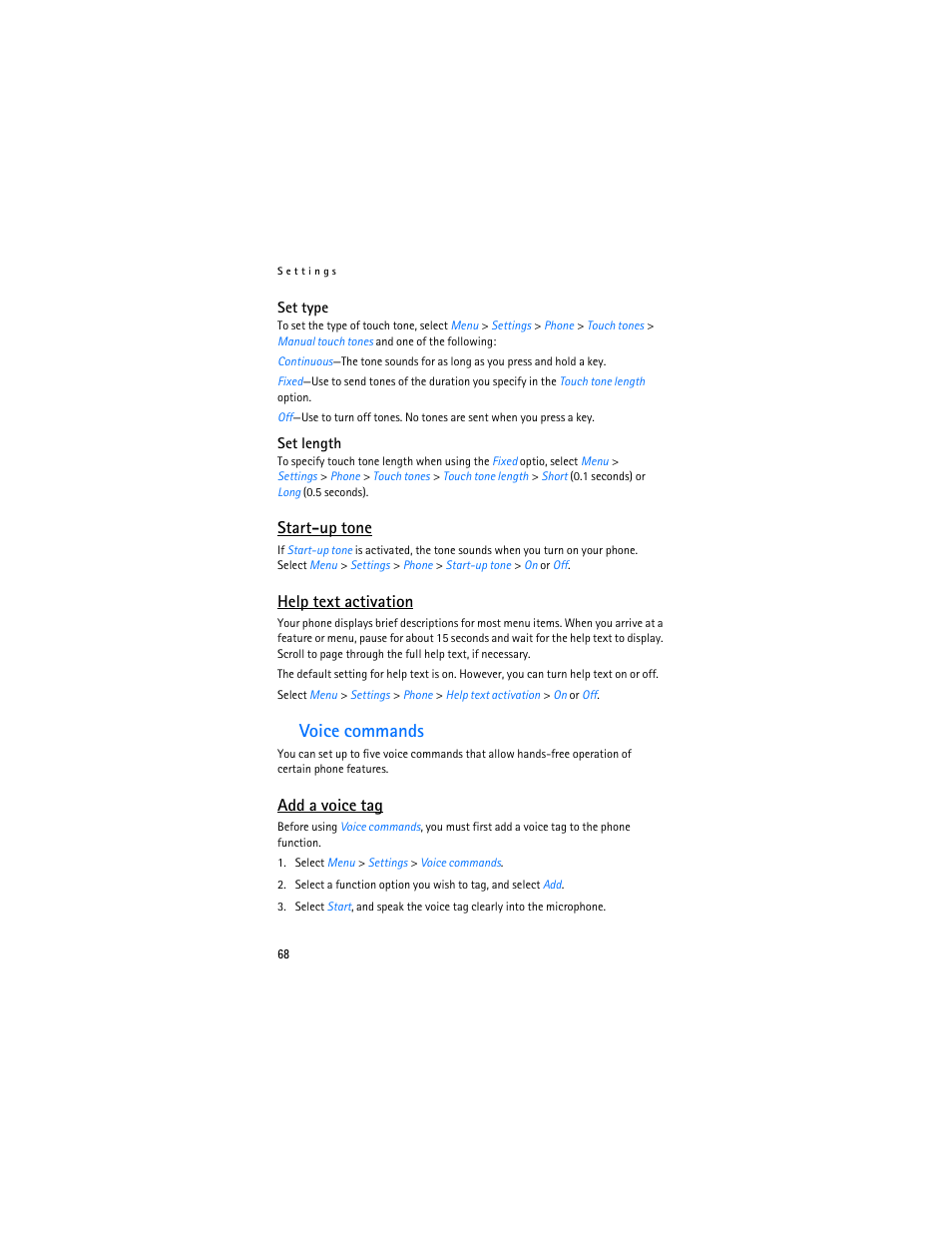 Voice commands, Start-up tone, Help text activation | Add a voice tag | Nokia 2865i User Manual | Page 68 / 114