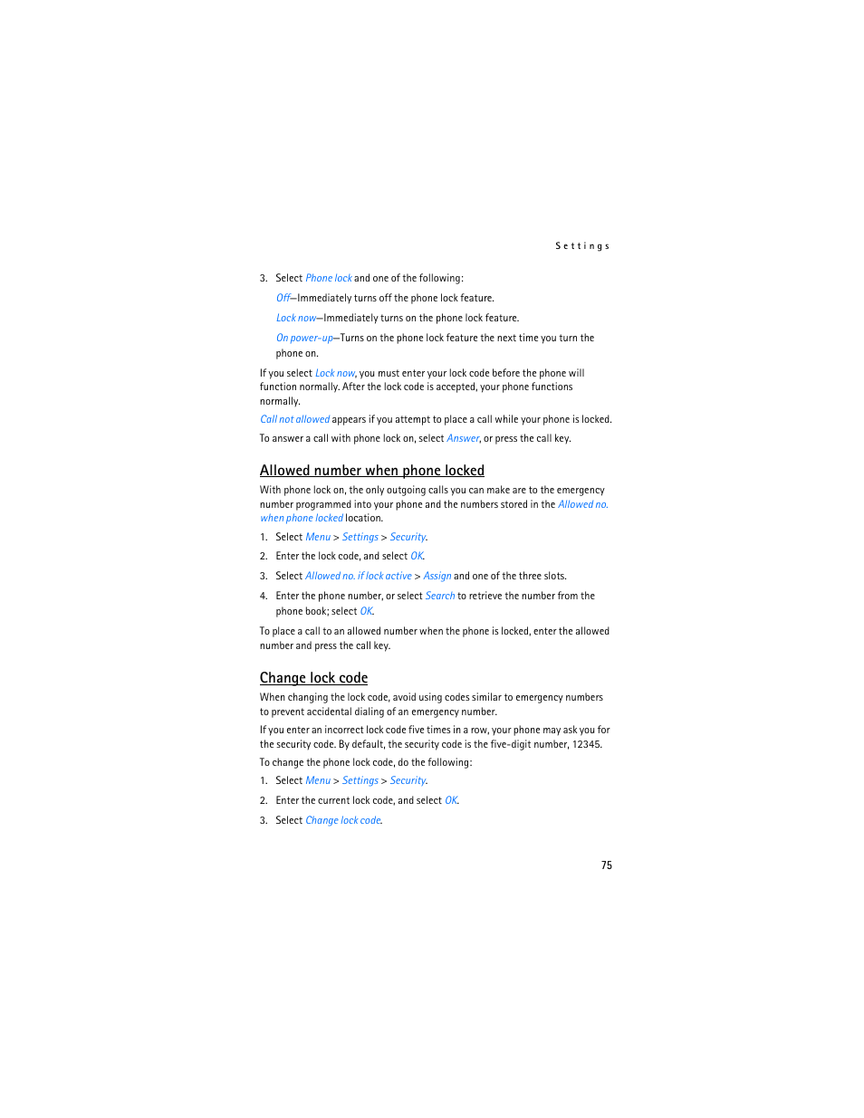 Allowed number when phone locked, Change lock code | Nokia 2865i User Manual | Page 75 / 114