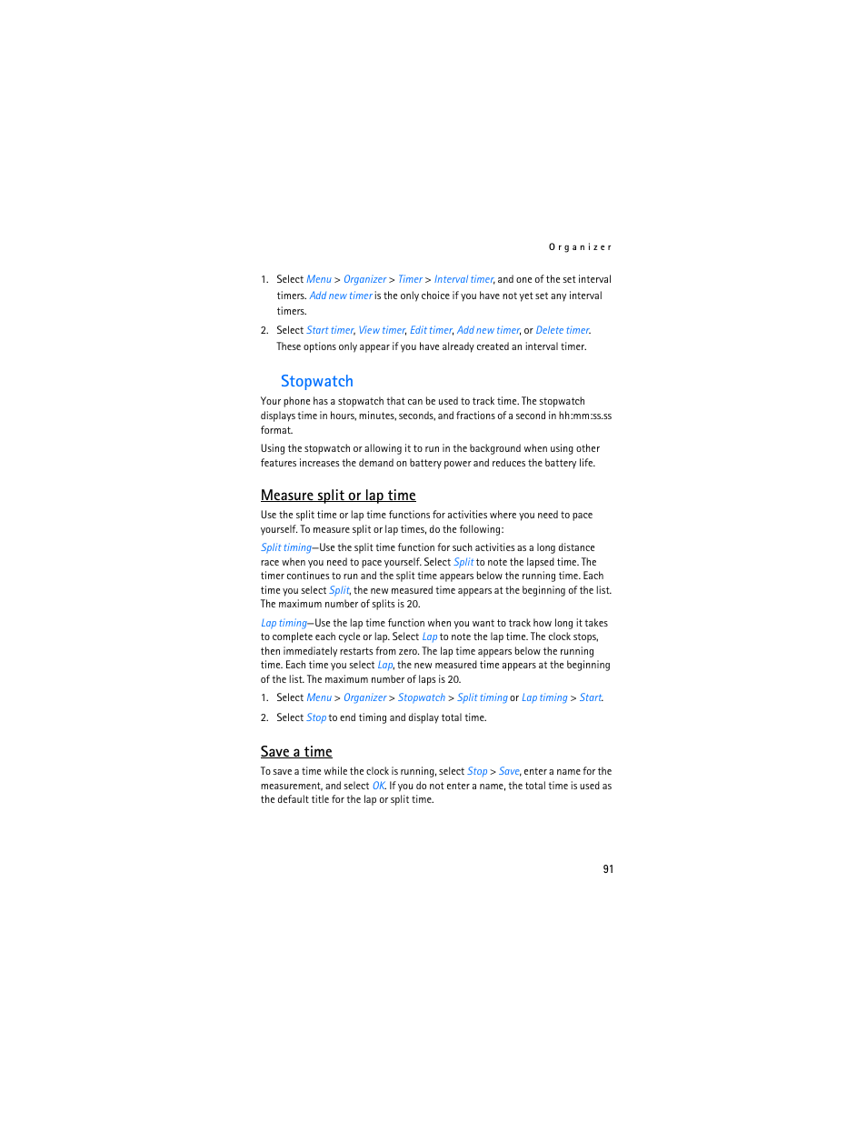 Stopwatch, Measure split or lap time, Save a time | Nokia 2865i User Manual | Page 91 / 114