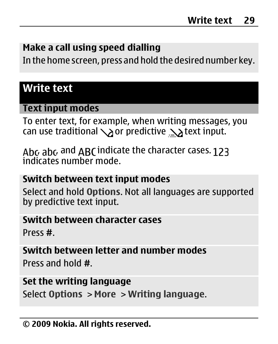 Write text, Text input modes | Nokia X200 User Manual | Page 29 / 88