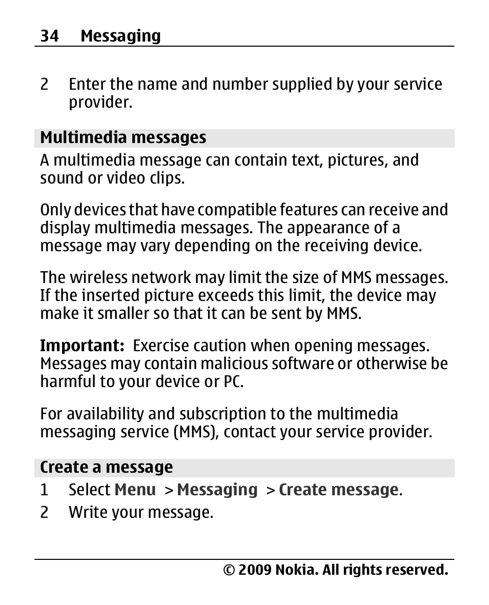 Multimedia messages, Create a message | Nokia X200 User Manual | Page 34 / 88