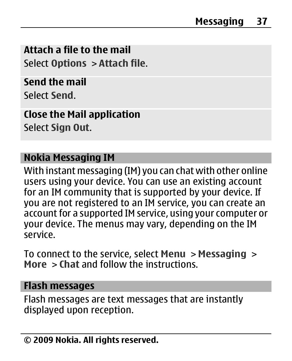 Nokia messaging im, Flash messages | Nokia X200 User Manual | Page 37 / 88