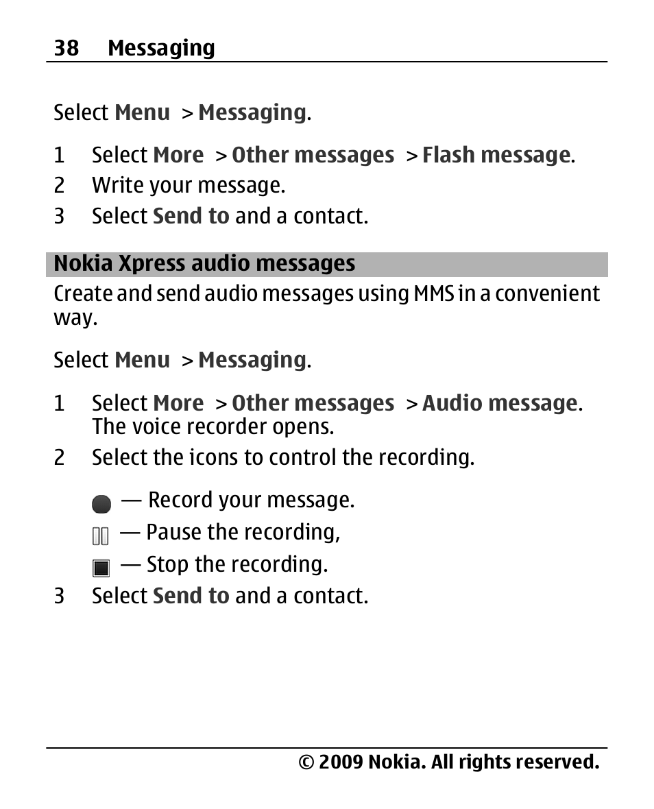 Nokia xpress audio messages, Nokia xpress audio, Messages 38 | Nokia X200 User Manual | Page 38 / 88
