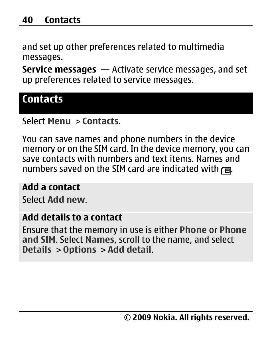 Contacts, Contacts 40 | Nokia X200 User Manual | Page 40 / 88