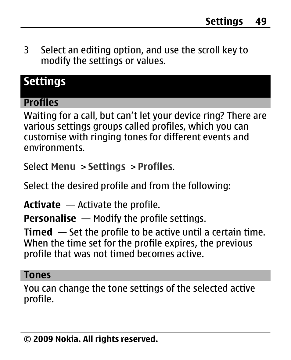 Settings, Profiles, Tones | Nokia X200 User Manual | Page 49 / 88