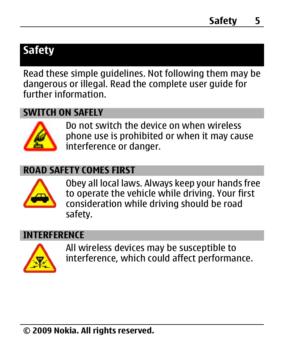 Safety, Switch on safely, Road safety comes first | Interference | Nokia X200 User Manual | Page 5 / 88