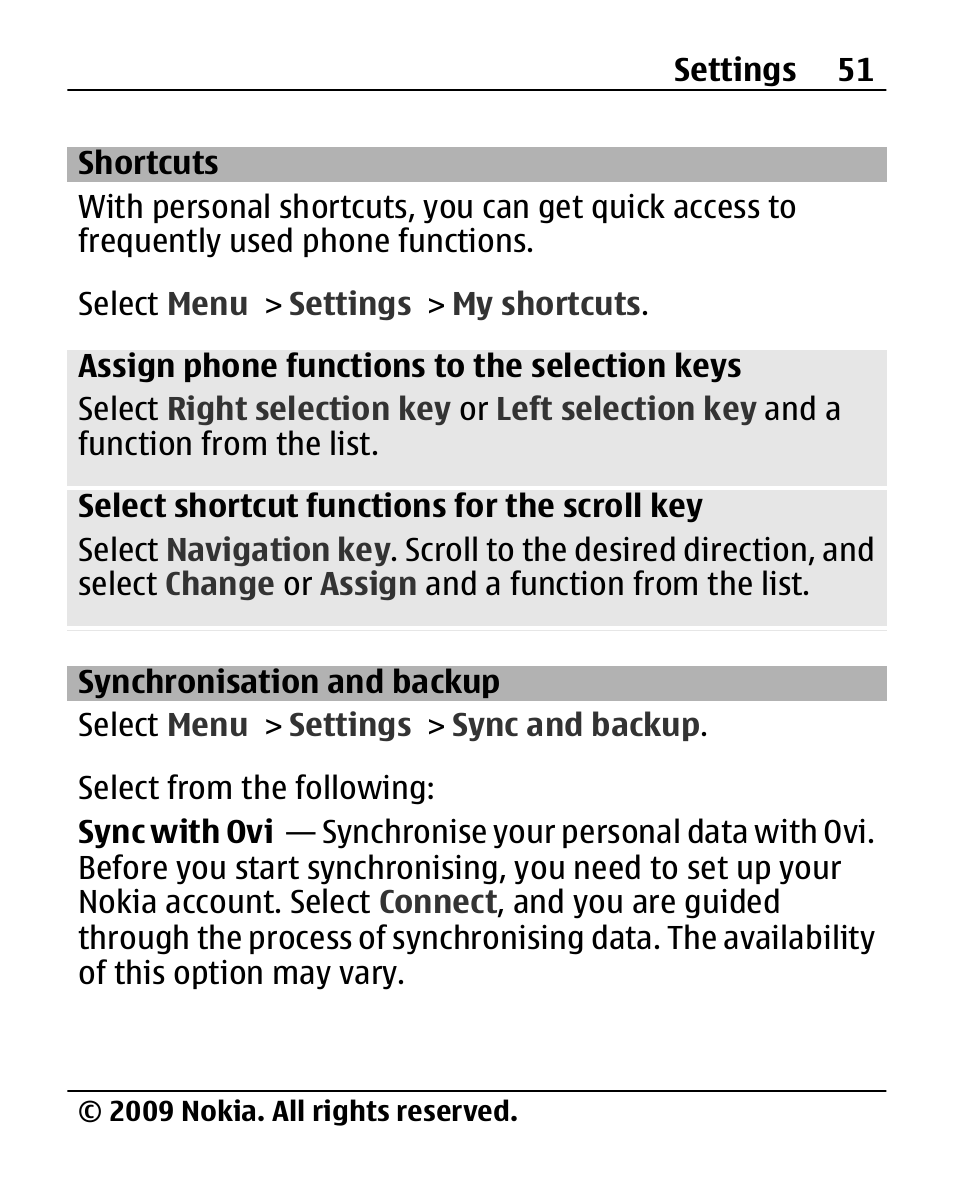Shortcuts, Synchronisation and backup, Synchronisation and | Backup | Nokia X200 User Manual | Page 51 / 88