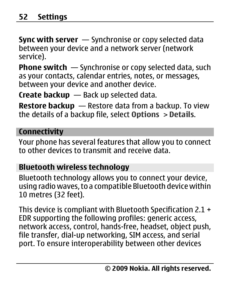 Connectivity, Bluetooth wireless technology | Nokia X200 User Manual | Page 52 / 88