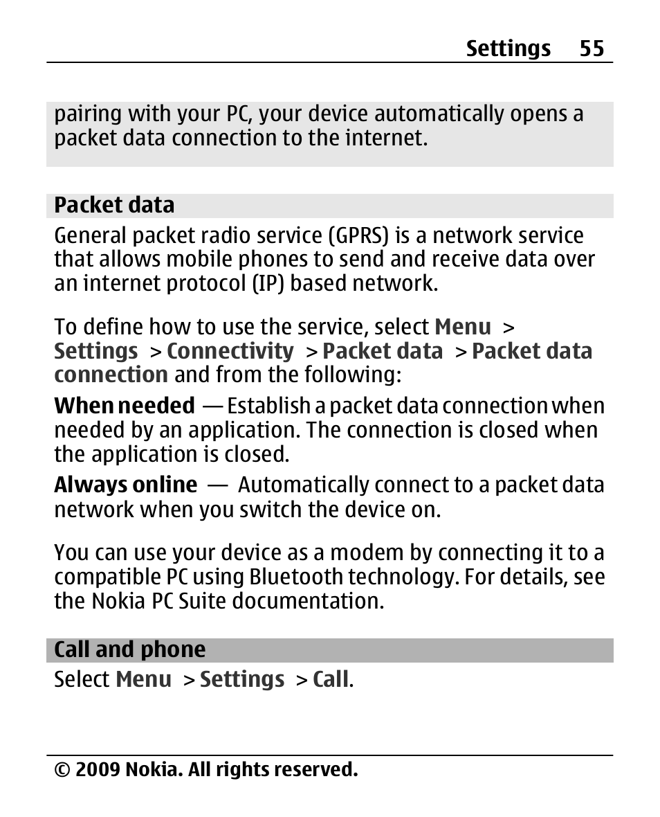 Packet data, Call and phone | Nokia X200 User Manual | Page 55 / 88