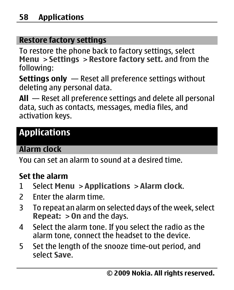 Restore factory settings, Applications, Alarm clock | Restore factory, Settings | Nokia X200 User Manual | Page 58 / 88