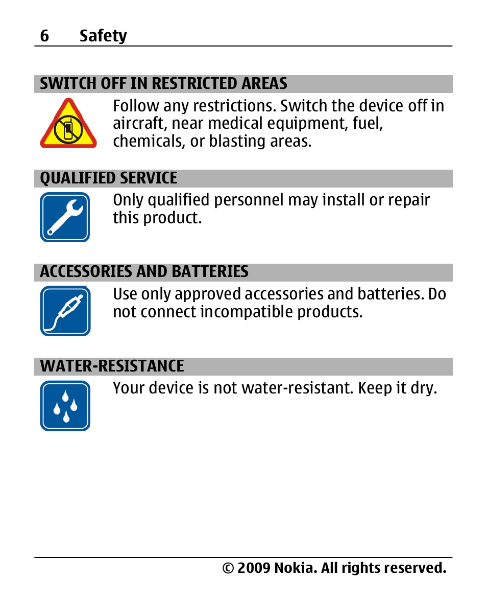 Switch off in restricted areas, Qualified service, Accessories and batteries | Water-resistance | Nokia X200 User Manual | Page 6 / 88